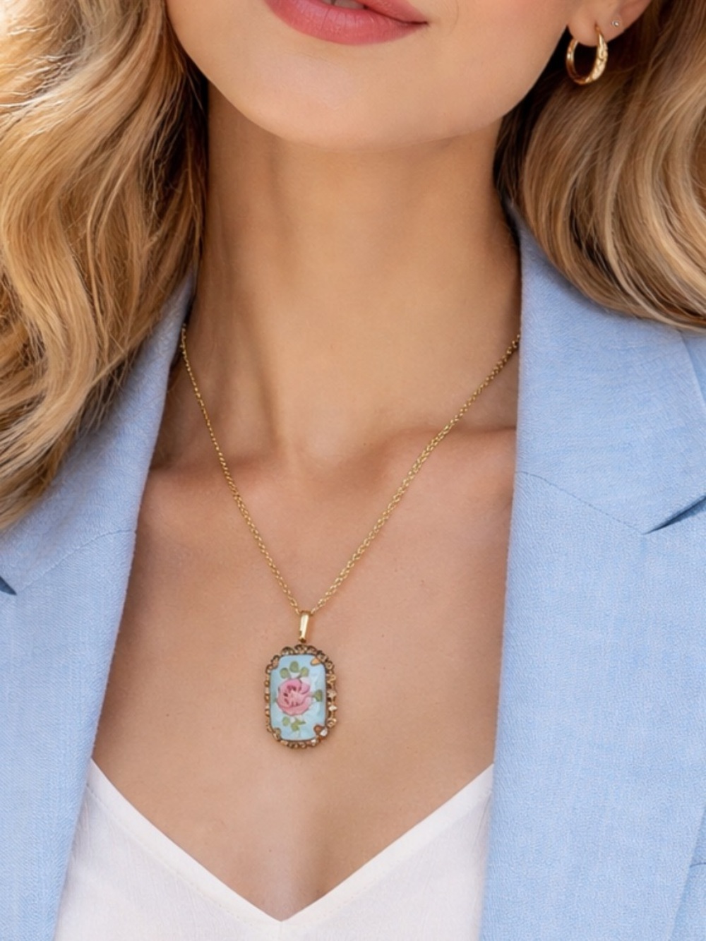 Vintage Guilloché Rose Pendant Necklace